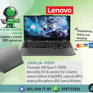 Laptop gamer Lenovo LOQ Ryzen 5, geforce 4050