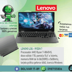 Laptop gamer Lenovo LOQ Ryzen 7, geforce 4060